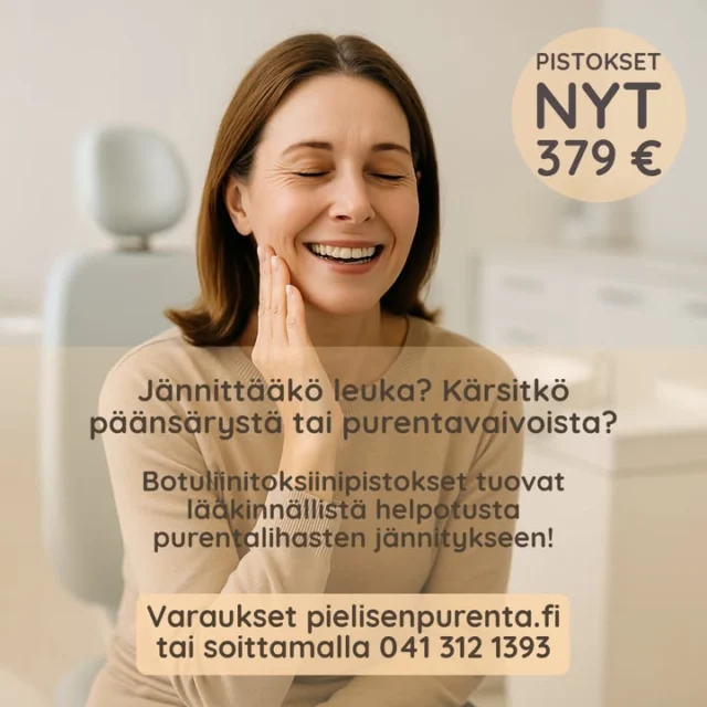 Botox lääkinnällisenä hoitona purentalihasten jännitykseen! 

Et ole yksin, jos heräät aamuisin leukakipuun tai jännittynyt leuka aiheuttaa sinulle päänsärkyä. Stressi, hampaiden narskuttelu ja purentalihasten ylikuormitus ovat yleisiä – mutta niihin on apua.

Botox-hoito on nopea ja tehokas tapa rentouttaa purentalihaksia.
✅ Hoito tehdään vastaanotolla – kivuttomasti ja turvallisesti
✅ Vaikutus alkaa muutamassa päivässä - viikossa ja kestää useita kuukausia
✅ Vähentää lihasjännitystä, kipua ja päänsärkyjä

🩺 Hoidon tekee terveydenhuollon ammattilainen – ei kosmeettinen toimenpide.

📍 Pielisen Purenta - Kirkkokatu 22 B, 75500 Nurmes | 📞 041 312 1393 | 💻 www.pielisenpurenta.fi

👉 Ota yhteyttä ja kysy lisää, miten voimme auttaa juuri sinua.