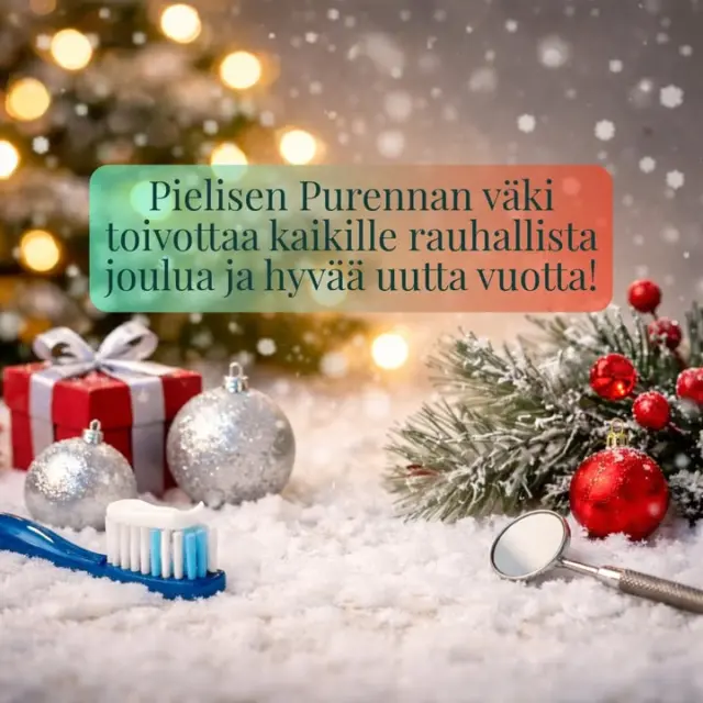 Rauhallista joulunaikaa ja hyvää uutta vuotta! ✨
Kiitämme lämpimästi kaikkia asiakkaitamme luottamuksesta kuluneen vuoden aikana.
Uusi vuosi tuo tullessaan uusia kohtaamisia ja lisää syitä hymyyn 🦷😊

Olemme joululomalla 23.12.2025–4.1.2026, ja olemme seuraavan kerran avoinna 5.1.2026.

Lämpimin terveisin,
Pielisen Purenta