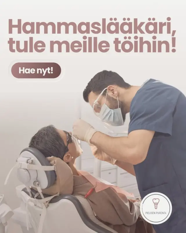 🦷 Etsimme hammaslääkäriä tiimiimme Nurmeksessa!​

Kaipaatko työhösi joustavuutta, hyviä työkavereita ja mahdollisuutta tehdä laadukasta hammashoitoa omien vahvuuksiesi mukaan? Pielisen Purenta Nurmeksessa etsii hammaslääkäriä vahvistamaan osaavaa ja kannustavaa tiimiä.​

Miksi Nurmes?​

Meillä työtä ja potilaita riittää. Monipuolinen ja suuritöinen potilasmateriaali tarjoaa mahdollisuuden tehdä myös runsaasti protetiikkaa ja vaativampaa hammashoitoa.​

✨ Joustavat työvuorot ja sopimusmallit​
✨ Mahdollisuus ammatinharjoittajana tai työsuhteessa​
✨ Tarvittaessa maksuton majoitus Nurmeksessa​
✨ Nykyaikaiset työvälineet ja ergonomiset hoitounitit​
✨ Vahva kollegatuki ja mahdollisuus kehittää omaa osaamista​
✨ Lämminhenkinen, nuorekas ja ketterä työyhteisö​

Erityisesti protetiikasta kiinnostuneille tarjoamme mahdollisuuden kehittää osaamista kokeneen kollegan ohjauksessa. Aiempaa kokemusta keraamisista täytteistä ei tarvitse olla, sillä me perehdytämme tehtävään.​

💙 Kiinnostuitko? Tule osaksi Pielisen Purennan tiimiä!​

Lue lisää tehtävästä ja hae mukaan:​
https://duunitori.fi/tyopaikat/tyo/hammasterveyspalvelut-tyni-oy-hammaslaakari-sdsuu-20463292 

📅 Haku päättyy 17.8.2026.​

#pielisenpurenta #hammaslääkäri #hammaslääkärihaku #hammashoito #nurmes