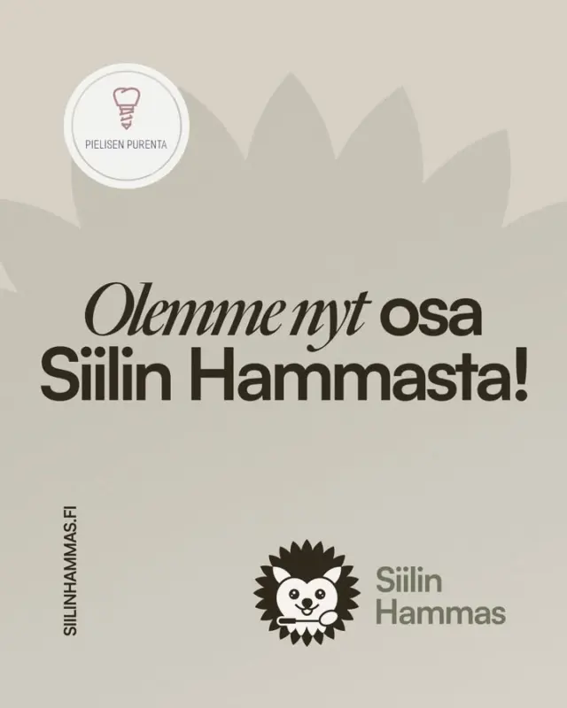 Olemme nyt osa Siilin Hammasta! 🦔​
​
Pielisen Purenta on uudistunut ja jatkossa palvelemme sinua nimellä Siilin Hammas Nurmes.​
​
Sama tuttu vastaanotto, sama henkilökunta ja sama ote hoitoon. Vain nimi ja ilme uudistuvat.​
​
👉 Seuraa meitä jatkossa @siilinhammas ​
​
Sieltä löydät kaikki kuulumiset ja uutiset niin Nurmeksesta kuin Siilinjärveltäkin.​
​
#hammashoito #hammaslääkäri #nurmes #siilinhammas