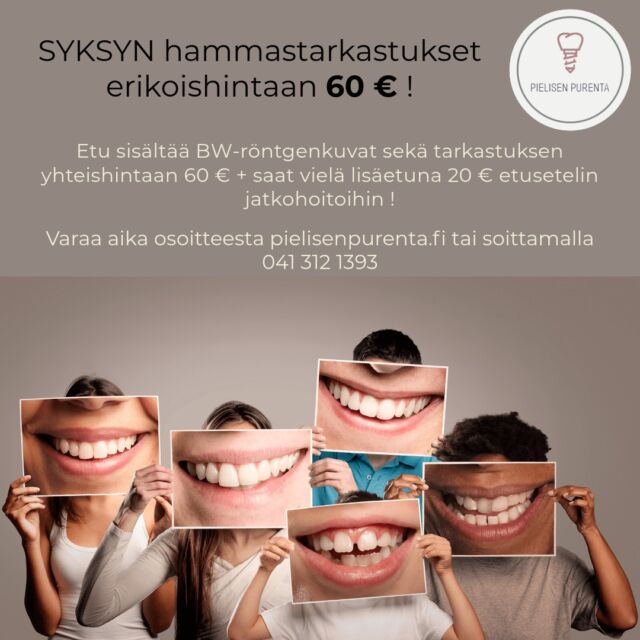 Tarkistuta Suusi Loppuvuoden Erikoishintaan!

Onko aika suun tarkastukselle? Hyödynnä tarjouksemme nyt:

👉 Suun tarkastus + bw-röntgenkuvat vain 60 €!

💙 Ammattitaitoinen henkilökuntamme huolehtii suun terveydestäsi!

💰 Lisäksi saat 20 € etusetelin jatkohoitoja varten!

📅 Tarjous voimassa vuoden loppuun. Varaa aikasi heti!

📍 Kirkkokatu 22 B, 75500 Nurmes
📞 041 312 1393